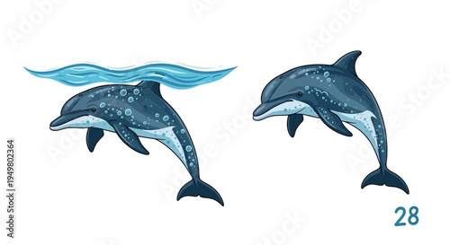 Cartoon Dolphins Swimming Underwater and Breaching Surface with Bubbles