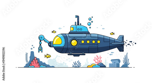 Cartoon Submarine Exploring Underwater Treasure Chest and Coral Reef