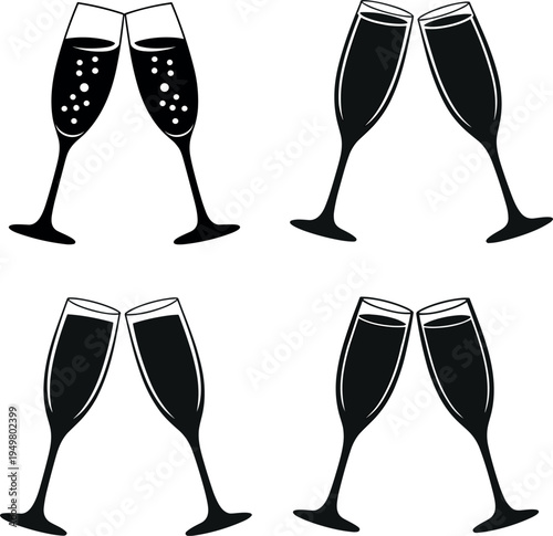 Champagne glass silhouette set, clinking flutes for celebration, cheers toasting icons for wedding party, and holiday events