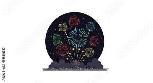 Colorful Fireworks Display Over City Skyline at Night