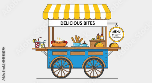 Colorful Food Cart with Hot Dog, Tacos, and Snacks, Delicious Bites Menu