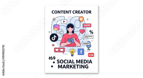 Content Creator with Social Media Marketing Icons and Symbols
