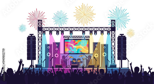 Concert Stage with Crowd and Fireworks