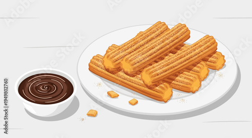 Crispy Churros with Chocolate Dip on White Plate