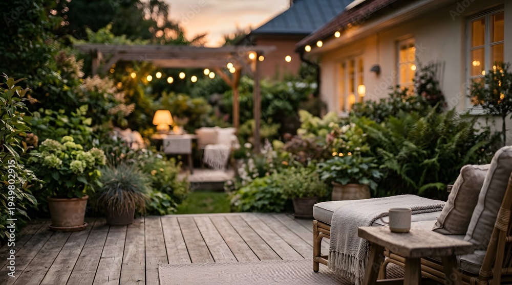 Fototapeta premium Cozy Evening Patio Garden with Warm String Lights