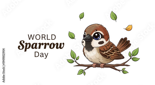 Illustration of a house sparrow sitting on a branch with leaves for World Sparrow Day, a bird conservation concept with a focus on urban bird protection and biodiversity.