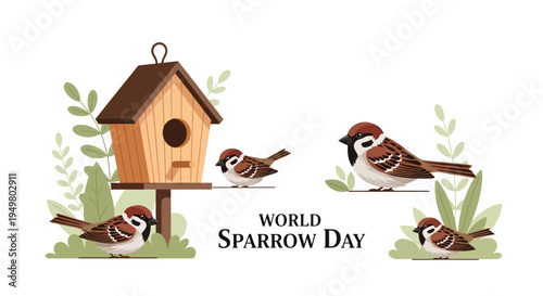 Illustration of house sparrows around a birdhouse with green leaves on World Sparrow Day for bird conservation awareness with a natural and educational mood.