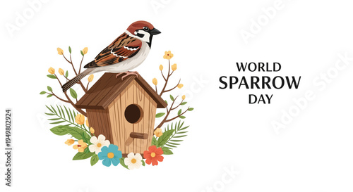 An illustration of a house sparrow perched on a birdhouse with flowers and leaves, highlighting World Sparrow Day for bird conservation and biodiversity protection.