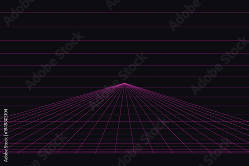 Retro 80s style neon pink grid perspective vector background with vanishing point on dark purple, ideal for futuristic digital design, gaming, and synthwave aesthetics.
