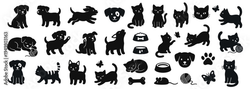 Silhouette icons depicting kittens and puppies in different poses