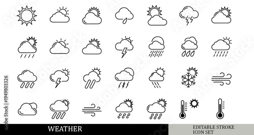 28 set of vector icons related to Weather Icon Set. Sun, Rain, Cloud Climate Forecast. Editable stroke. Vector illustration.