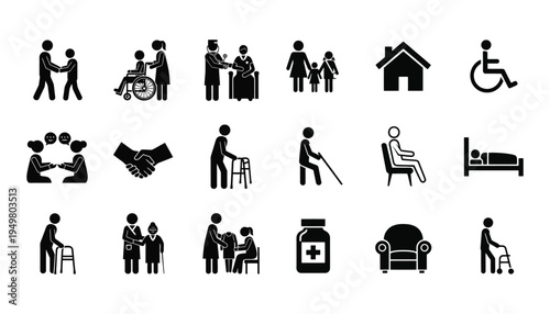 Collection of black silhouette icons representing healthcare support and accessibility