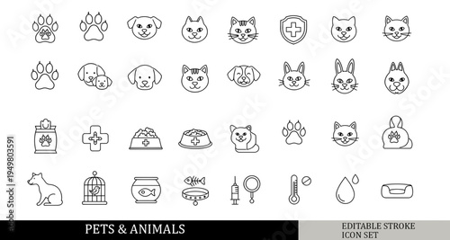 Pets & Animals Line Icon Set – Dog, Cat, Veterinary Vector Pack (30 Icons). Vector illustration.