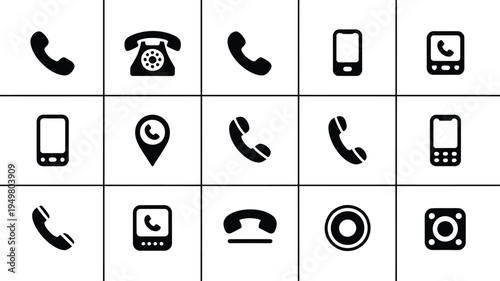 Phone icons set, versatile telephone symbols for web and mobile design, simple vector illustrations representing calls, messaging, and connectivity, isolated on white background
