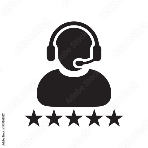 Business support icon vector male customer care service person profile avatar with a headphone and a star rating for online assistant in glyph pictogram illustration