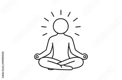 WebA simple line drawing of a person meditating in a lotus position with a halo of light behind their head, representing mindfulness and relaxation. Ideal for use in wellness, yoga, or meditation-rela