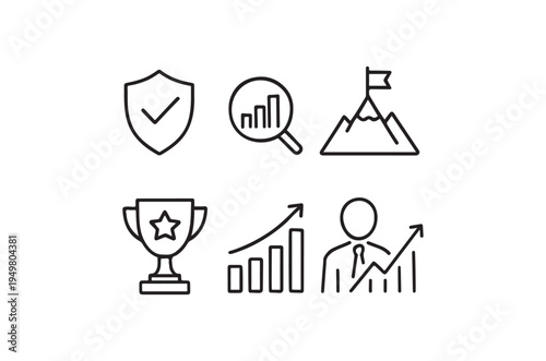 Weba collection of business icons representing success, growth, security, and strategy, including a shield, bar graphs, a trophy, and a person analyzing data, useful for marketing, advertising, and bu