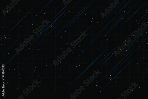 Abstract dark blue background with glowing particles and diagonal light streaks, ideal for technology, science, or futuristic design projects and presentations