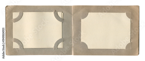 Vintage gray cardboard open photo album with two blank beige frames isolated on white