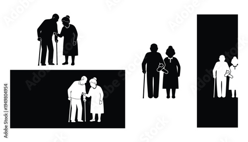 Black and white silhouettes depict elderly couples walking and interacting