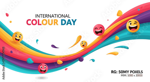 Vibrant color palette with rainbow hues and emojis on a colorful abstract background celebrating International Colour Day with a joyful mood.