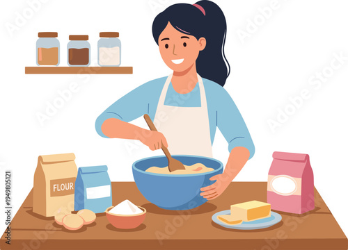 A woman wearing an apron mixes ingredients in a bowl on a table with food items