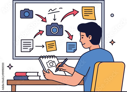 Man sitting at desk drawing camera on notebook from ideas on board