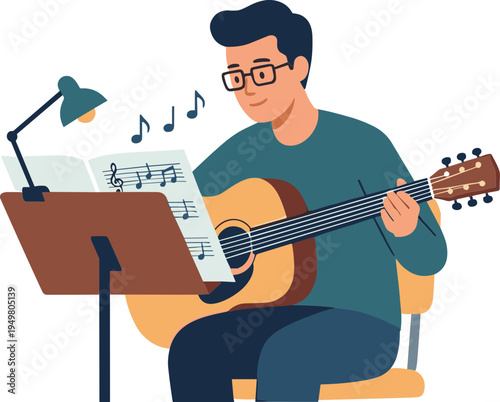 Man playing acoustic guitar with music sheet and lamp on table indoors