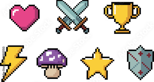 Retro pixel art game icon set, 8-bit style video game elements, including sword, heart, shield, and trophy