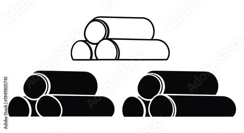 A minimalist depiction of stacked logs and cylindrical forms in a black silhouette high quality professional