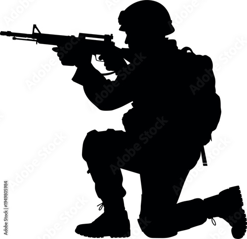Soldier silhouette kneeling with rifle, military man in combat uniform, professional army tactical special forces vector icon