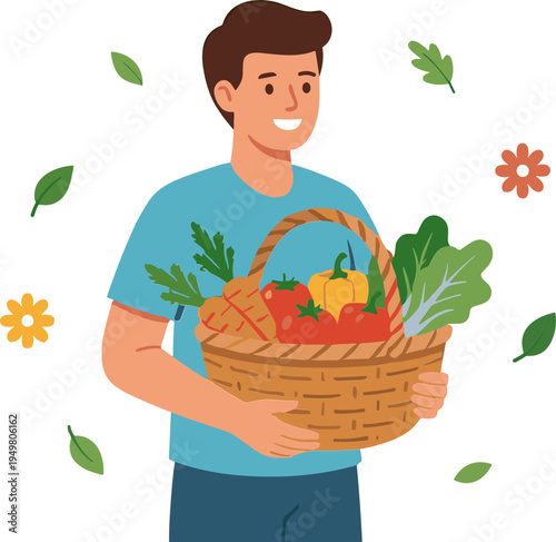 Man holding a basket of fresh vegetables and greens with a smile