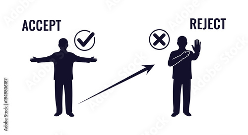 A graphic depicts acceptance and rejection with contrasting human figures presented as a silhouette high quality