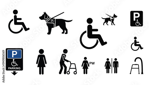 Accessibility symbols depicting disabled people service dogs and parking spaces