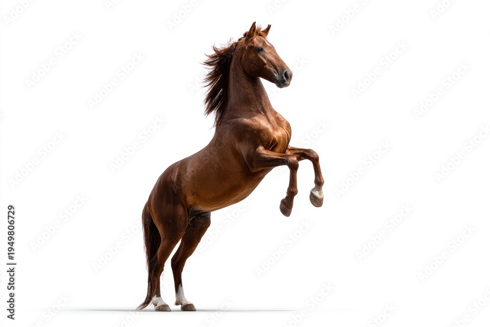 Obraz premium Brown horse rearing on white background.