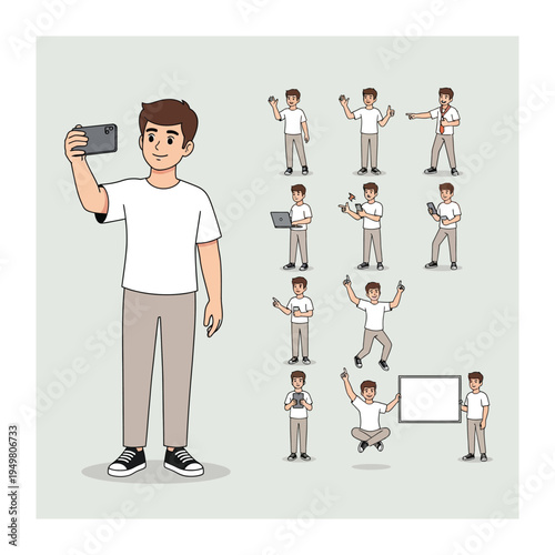 Character in Action: A lively illustrated scene showcases a character engaged in diverse activities, from selfies to presentations, embodying versatility and engagement in various scenarios.