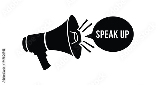 A black megaphone graphic with the words speak up displayed presented as a silhouette high quality