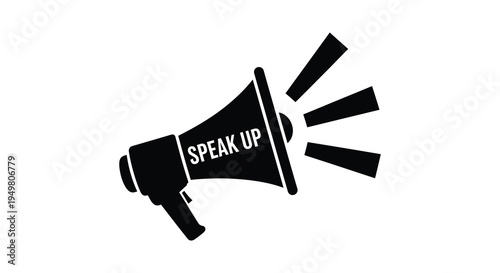 A striking black silhouette of a megaphone displaying the words speak up silhouette high quality professional
