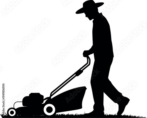 Man mowing grass with lawn mower silhouette, professional gardener working in yard, black vector garden maintenance icon