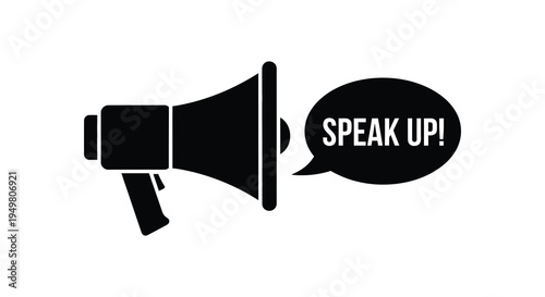 A black megaphone illustration with a speech bubble displaying speak up a dramatic silhouette