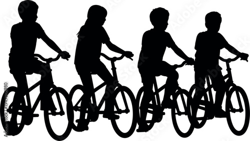 Children riding bicycles silhouette set, group of kids cycling, active outdoor summer sports and childhood hobby