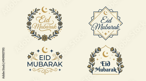 Festive Eid Mubarak typography designs with crescents, stars, floral wreaths, geometric frames, and decorative motifs in elegant celebratory style.