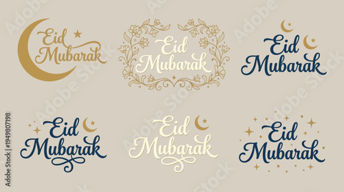 Elegant Eid Mubarak typography designs with crescents, stars, floral ornaments, and decorative flourishes in gold, navy, and cream festive style.