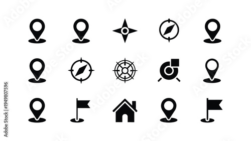 Map location icon set, map pointer symbols in vector style, clean and minimal markers for geolocation, navigation, and map applications, suitable for websites, mobile apps, and travel graphics