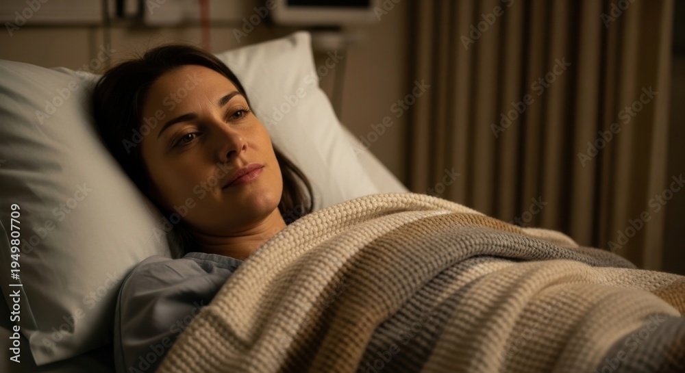 Fototapeta premium Patient Contemplation: A woman lies in a hospital bed, her face etched with a mix of weariness and contemplation.