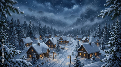 Serene Winter Village Scene with Snow-Covered Cabins and Sparkling Lights at Night