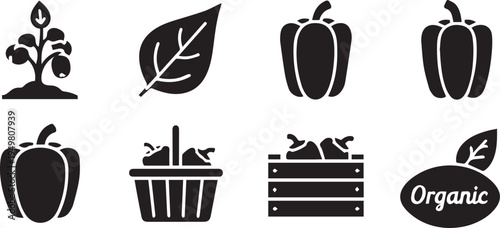 A set of black and white icons representing organic farming, plants, and fresh peppers.
