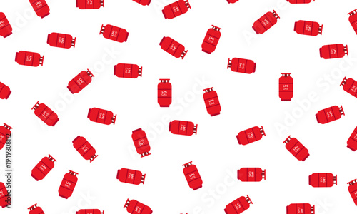 A vibrant seamless pattern of scattered red gas cylinders (LPG tanks) on a crisp white background, symbolizing domestic energy, fuel, and cooking gas supply.