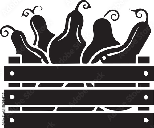 A rustic black and white icon of a wooden crate overflowing with plump gourds.