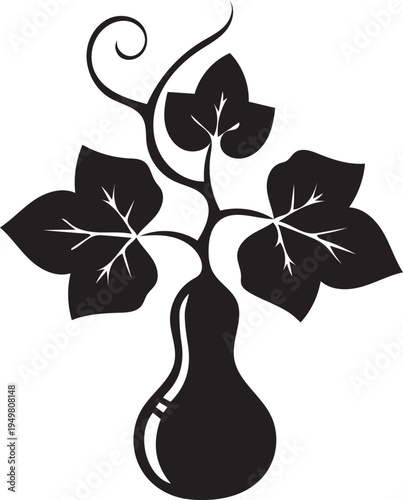 A beautifully stylized black and white icon of a gourd growing on a leafy vine.